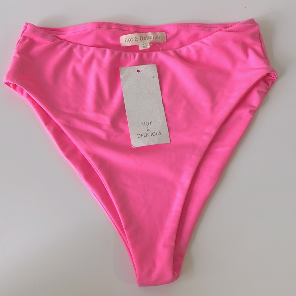 NWT FREE bubblegum pink neon pink high waist high leg cheeky bikini bottoms flaw